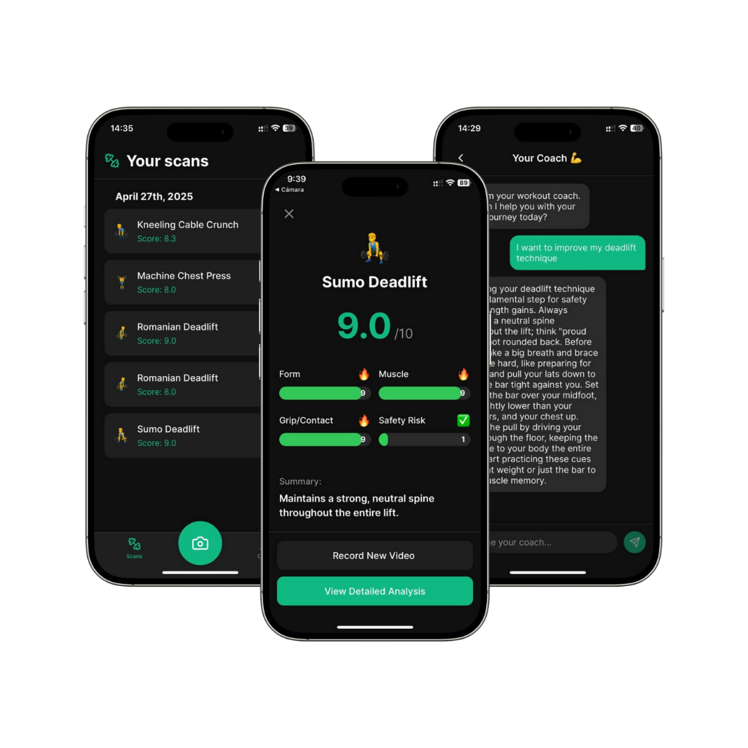 Deadlift AI App Interface showing exercise analysis and AI coach
